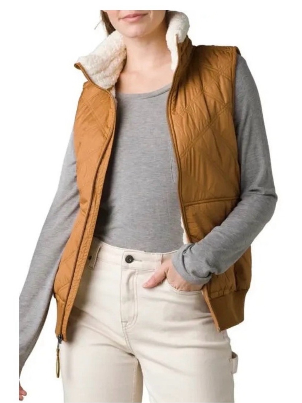 Prana Quilted Sherpa-Lined Vest in Camel Womens Med